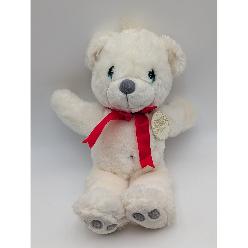 Precious Moments Plush Teddy Bear White 1993 Vintage Red Ribbon Teardrop Eyes